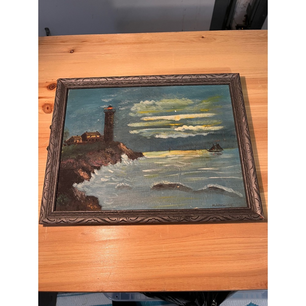 Vintage Signed Lighthouse Seascape Oil Painting Framed 13.5x10.5